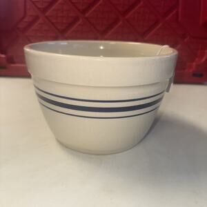 Glazed Pottery Bowl 8” X 5.5” Blue Stripes Bands Lines Vintage Unbranded